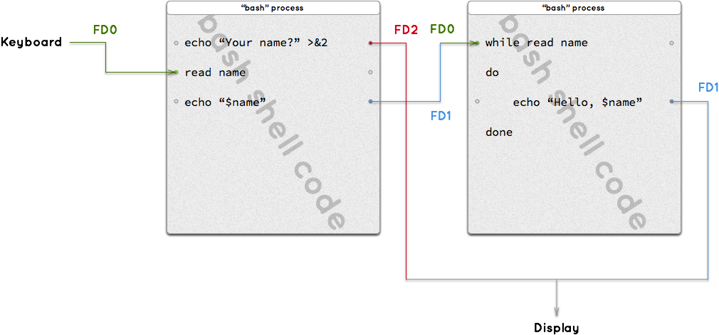 Processes have file descriptors that connect to files, devices and other processes via streams.